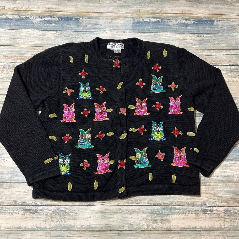 Jack B. Quick Owl Cardigan Sweater Large Black Embellished‎ Bird Granny Grandma